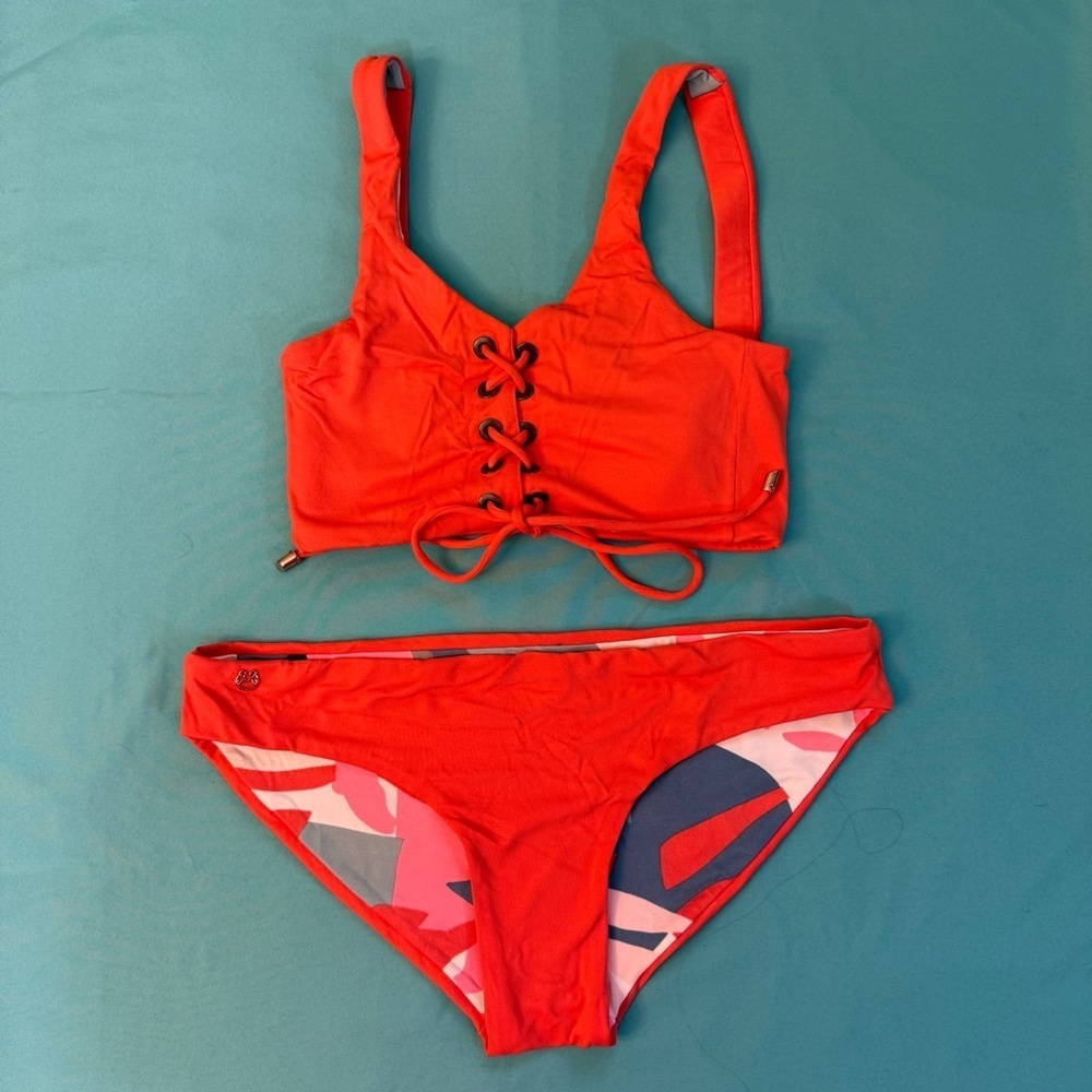 Maaji Red / orange Lace-Up Bikini Set swim suit reversible size Small woman’s